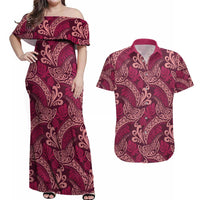 Sweet Pink Monstera Couples Matching Off Shoulder Maxi Dress and Hawaiian Shirt Polynesian Tribal Pattern - Polynesian Pride