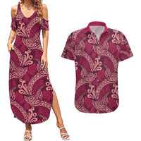 Sweet Pink Monstera Couples Matching Summer Maxi Dress and Hawaiian Shirt Polynesian Tribal Pattern - Polynesian Pride