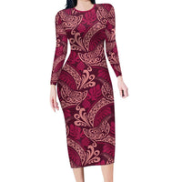Sweet Pink Monstera Long Sleeve Bodycon Dress Polynesian Tribal Pattern - Polynesian Pride