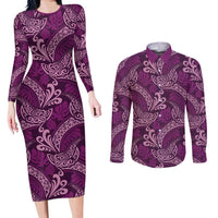 Royal Purple Monstera Couples Matching Long Sleeve Bodycon Dress and Long Sleeve Button Shirt Polynesian Tribal Pattern - Polynesian Pride