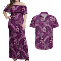 Royal Purple Monstera Couples Matching Off Shoulder Maxi Dress and Hawaiian Shirt Polynesian Tribal Pattern - Polynesian Pride