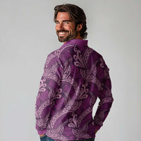 Royal Purple Monstera Long Sleeve Polo Shirt Polynesian Tribal Pattern - Polynesian Pride
