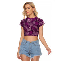 Royal Purple Monstera Raglan Cropped T Shirt Polynesian Tribal Pattern - Polynesian Pride