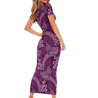 Royal Purple Monstera Short Sleeve Bodycon Dress Polynesian Tribal Pattern - Polynesian Pride