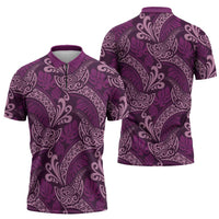Royal Purple Monstera Zipper Polo Shirt Polynesian Tribal Pattern - Polynesian Pride