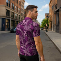 Royal Purple Monstera Zipper Polo Shirt Polynesian Tribal Pattern - Polynesian Pride