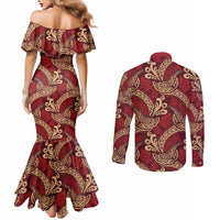 Luxury Red Monstera Couples Matching Mermaid Dress and Long Sleeve Button Shirt Polynesian Tribal Pattern - Polynesian Pride