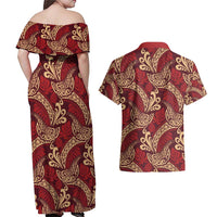 Luxury Red Monstera Couples Matching Off Shoulder Maxi Dress and Hawaiian Shirt Polynesian Tribal Pattern - Polynesian Pride
