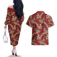 Luxury Red Monstera Couples Matching Off The Shoulder Long Sleeve Dress and Hawaiian Shirt Polynesian Tribal Pattern - Polynesian Pride