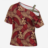 Luxury Red Monstera Cross Shoulder Shirt Polynesian Tribal Pattern - Polynesian Pride