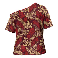 Luxury Red Monstera Cross Shoulder Shirt Polynesian Tribal Pattern - Polynesian Pride