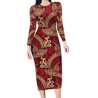 Luxury Red Monstera Family Matching Long Sleeve Bodycon Dress and Hawaiian Shirt Polynesian Tribal Pattern - Polynesian Pride