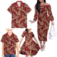 Luxury Red Monstera Family Matching Off The Shoulder Long Sleeve Dress and Hawaiian Shirt Polynesian Tribal Pattern - Polynesian Pride