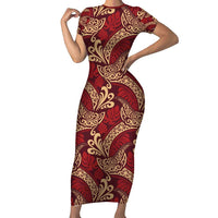 Luxury Red Monstera Family Matching Short Sleeve Bodycon Dress and Hawaiian Shirt Polynesian Tribal Pattern - Polynesian Pride