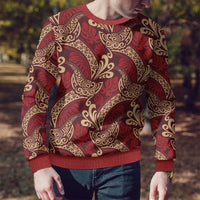 Luxury Red Monstera Ugly Christmas Sweater Polynesian Tribal Pattern - Polynesian Pride