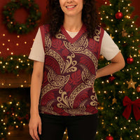 Luxury Red Monstera Christmas Knitted V-Neck Vest Polynesian Tribal Pattern - Polynesian Pride