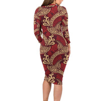 Luxury Red Monstera Long Sleeve Bodycon Dress Polynesian Tribal Pattern - Polynesian Pride