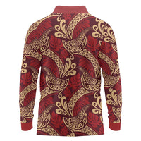 Luxury Red Monstera Long Sleeve Polo Shirt Polynesian Tribal Pattern - Polynesian Pride