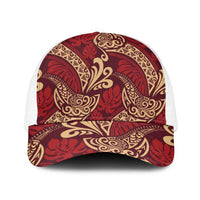 Luxury Red Monstera Mesh Trucker Cap Polynesian Tribal Pattern - Polynesian Pride