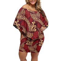 Luxury Red Monstera Off Shoulder Short Dress Polynesian Tribal Pattern - Polynesian Pride
