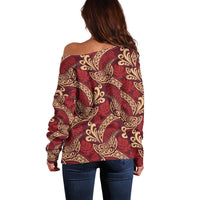 Luxury Red Monstera Off Shoulder Sweater Polynesian Tribal Pattern - Polynesian Pride