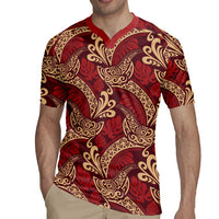 Luxury Red Monstera Rugby Jersey Polynesian Tribal Pattern - Polynesian Pride