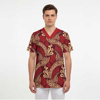 Luxury Red Monstera Scrub Top Polynesian Tribal Pattern - Polynesian Pride