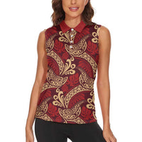 Luxury Red Monstera Women Sleeveless Polo Shirt Polynesian Tribal Pattern - Polynesian Pride