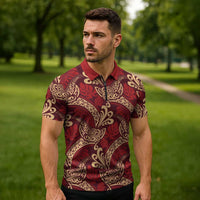 Luxury Red Monstera Zipper Polo Shirt Polynesian Tribal Pattern - Polynesian Pride