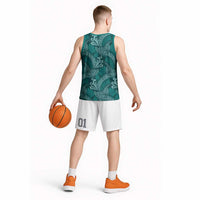 Teal Monstera Basketball Jersey Polynesian Tribal Pattern - Polynesian Pride