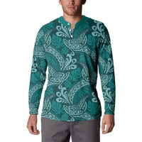 Teal Monstera Button Sweatshirt Polynesian Tribal Pattern - Polynesian Pride