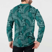 Teal Monstera Button Sweatshirt Polynesian Tribal Pattern - Polynesian Pride