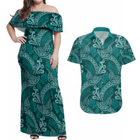 Teal Monstera Couples Matching Off Shoulder Maxi Dress and Hawaiian Shirt Polynesian Tribal Pattern - Polynesian Pride
