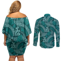 Teal Monstera Couples Matching Off Shoulder Short Dress and Long Sleeve Button Shirt Polynesian Tribal Pattern - Polynesian Pride