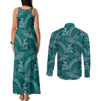 Teal Monstera Couples Matching Tank Maxi Dress and Long Sleeve Button Shirt Polynesian Tribal Pattern - Polynesian Pride