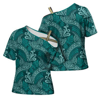 Teal Monstera Cross Shoulder Shirt Polynesian Tribal Pattern - Polynesian Pride