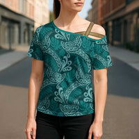 Teal Monstera Cross Shoulder Shirt Polynesian Tribal Pattern - Polynesian Pride
