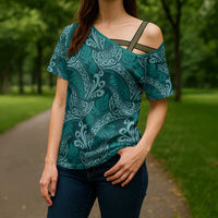 Teal Monstera Cross Shoulder Shirt Polynesian Tribal Pattern - Polynesian Pride