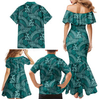 Teal Monstera Family Matching Mermaid Dress and Hawaiian Shirt Polynesian Tribal Pattern - Polynesian Pride