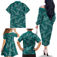 Teal Monstera Family Matching Off The Shoulder Long Sleeve Dress and Hawaiian Shirt Polynesian Tribal Pattern - Polynesian Pride