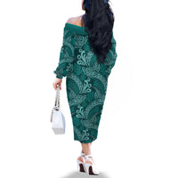 Teal Monstera Family Matching Off The Shoulder Long Sleeve Dress and Hawaiian Shirt Polynesian Tribal Pattern - Polynesian Pride