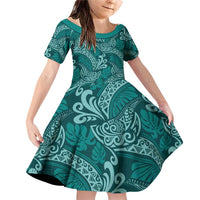 Teal Monstera Family Matching Off Shoulder Short Dress and Hawaiian Shirt Polynesian Tribal Pattern - Polynesian Pride