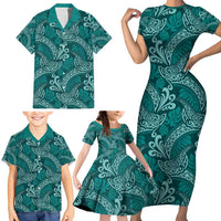 Teal Monstera Family Matching Short Sleeve Bodycon Dress and Hawaiian Shirt Polynesian Tribal Pattern - Polynesian Pride