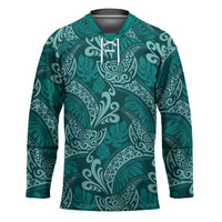 Teal Monstera Hockey Jersey Polynesian Tribal Pattern - Polynesian Pride
