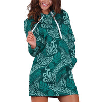 Teal Monstera Hoodie Dress Polynesian Tribal Pattern - Polynesian Pride