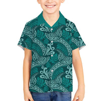Teal Monstera Kid Hawaiian Shirt Polynesian Tribal Pattern - Polynesian Pride