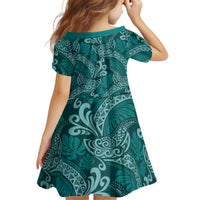 Teal Monstera Kid Short Sleeve Dress Polynesian Tribal Pattern - Polynesian Pride