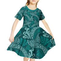Teal Monstera Kid Short Sleeve Dress Polynesian Tribal Pattern - Polynesian Pride