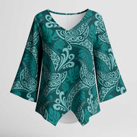Teal Monstera Kimono Sleeve Blouse Polynesian Tribal Pattern - Polynesian Pride