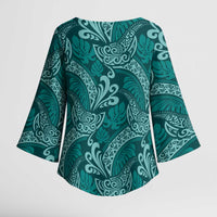 Teal Monstera Kimono Sleeve Blouse Polynesian Tribal Pattern - Polynesian Pride